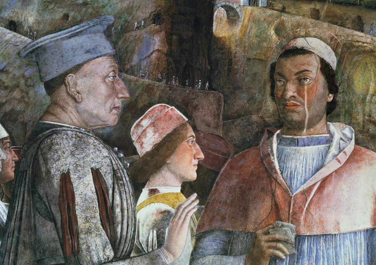 Marchese Ludovico Gonzaga III von Mantua begrüßt seinen Sohn Kardinal Francesco Gonzaga, aus der Camera degli Sposi oder Camera Picta (Detail) von Andrea Mantegna