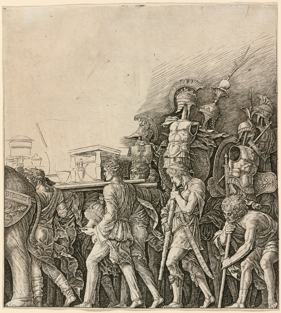 Der Triumph des Caesar: Soldaten tragen Trophäen von Andrea Mantegna