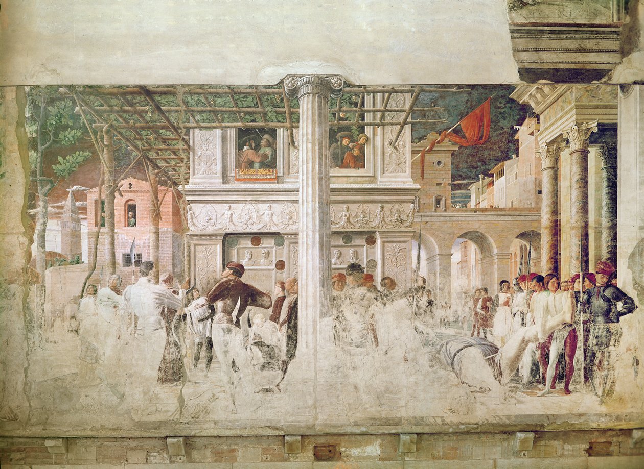 Das Martyrium des Heiligen Christophorus und die Überführung seines Körpers (vor der Restaurierung), ca. 1450-56 von Andrea Mantegna