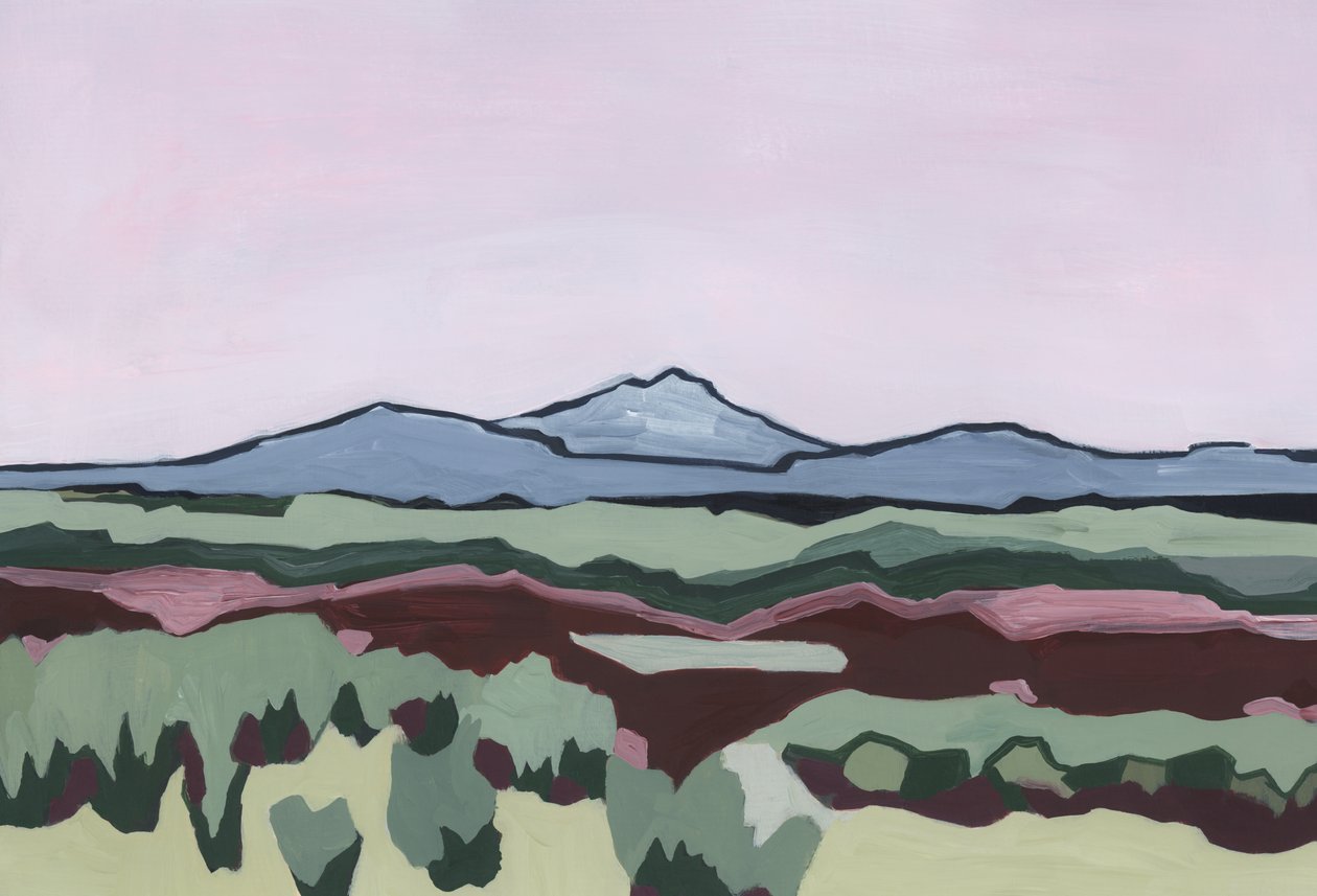 Rosa Himmel und abstraktes Land, 2024 von Andrea Mejia