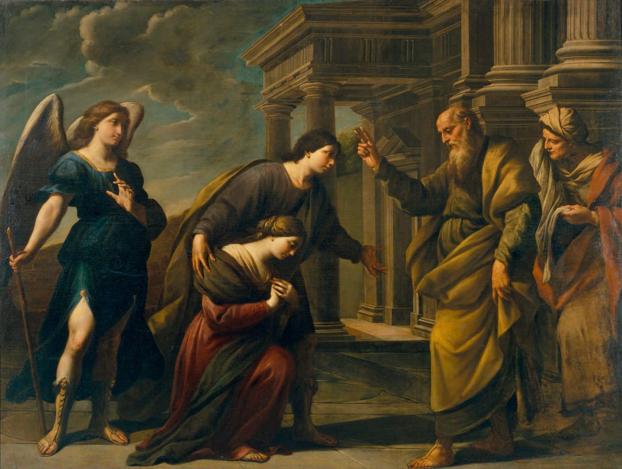 Raguel segnet seine Tochter Sarah vor ihrer Abreise nach Ekbatana mit Tobias - Andrea Vaccaro, Öl auf Leinwand, ca. 1640, italienische Kunst des 17. Jahrhunderts von Andrea Vaccaro