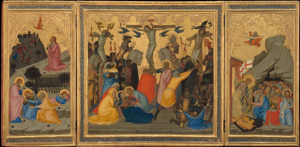 Szenen aus der Passion Christi: Die Agonie im Garten, die Kreuzigung und der Abstieg in die Vorhölle [gesamtes Triptychon] von Andrea Vanni