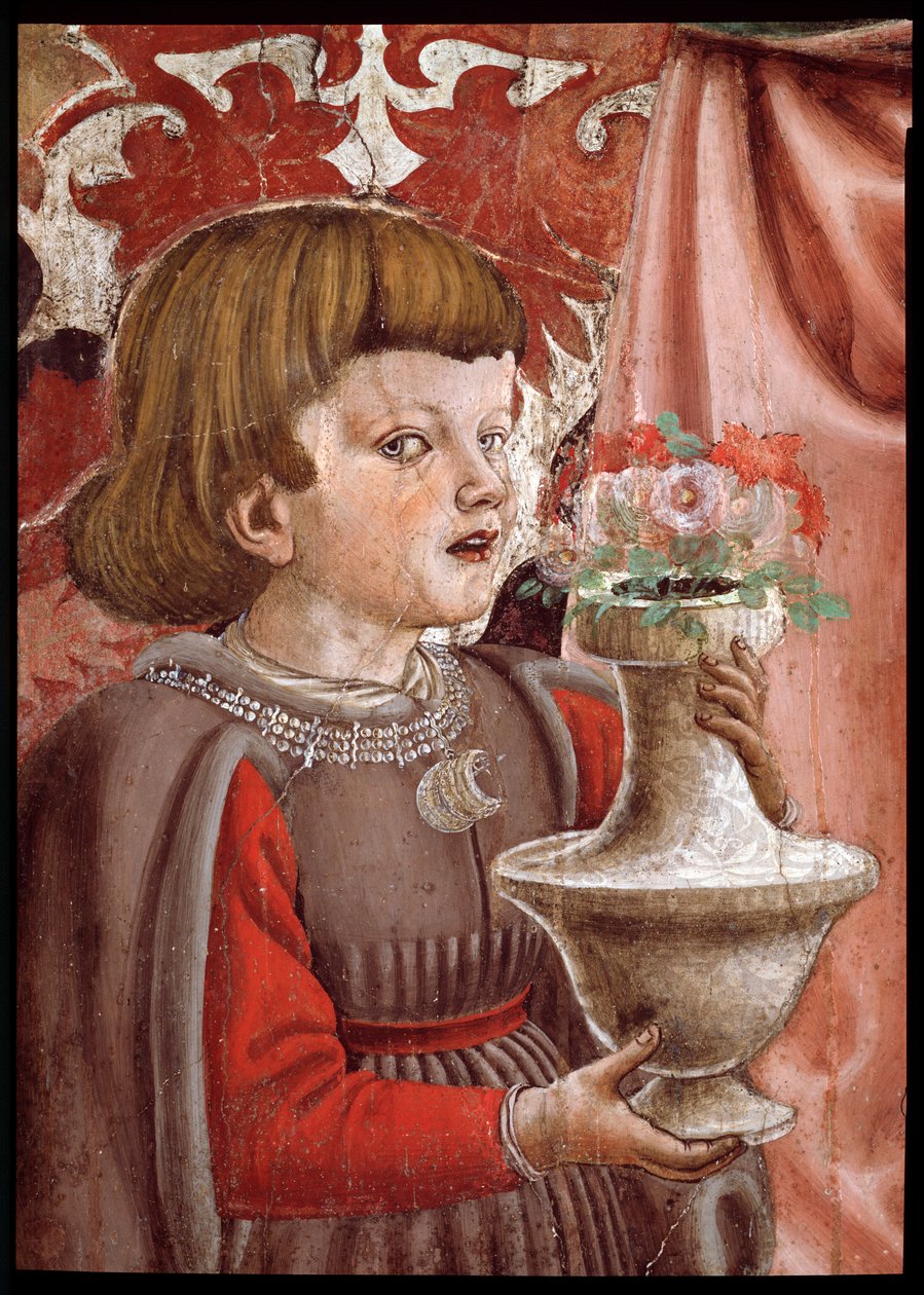 Jungfrau mit Kind, zwei Engeln, Johannes dem Täufer und einem weiteren Heiligen, sowie zwei Kindern der Familie Pazzi (Detail) von Andrea del Castagno