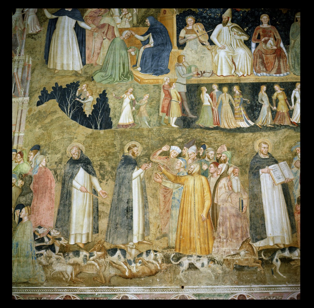 St. Dominikus sendet die Hunde des Herrn aus, mit St. Peter Martyr und St. Thomas von Aquin, ca. 1369 von Andrea di Bonaiuto