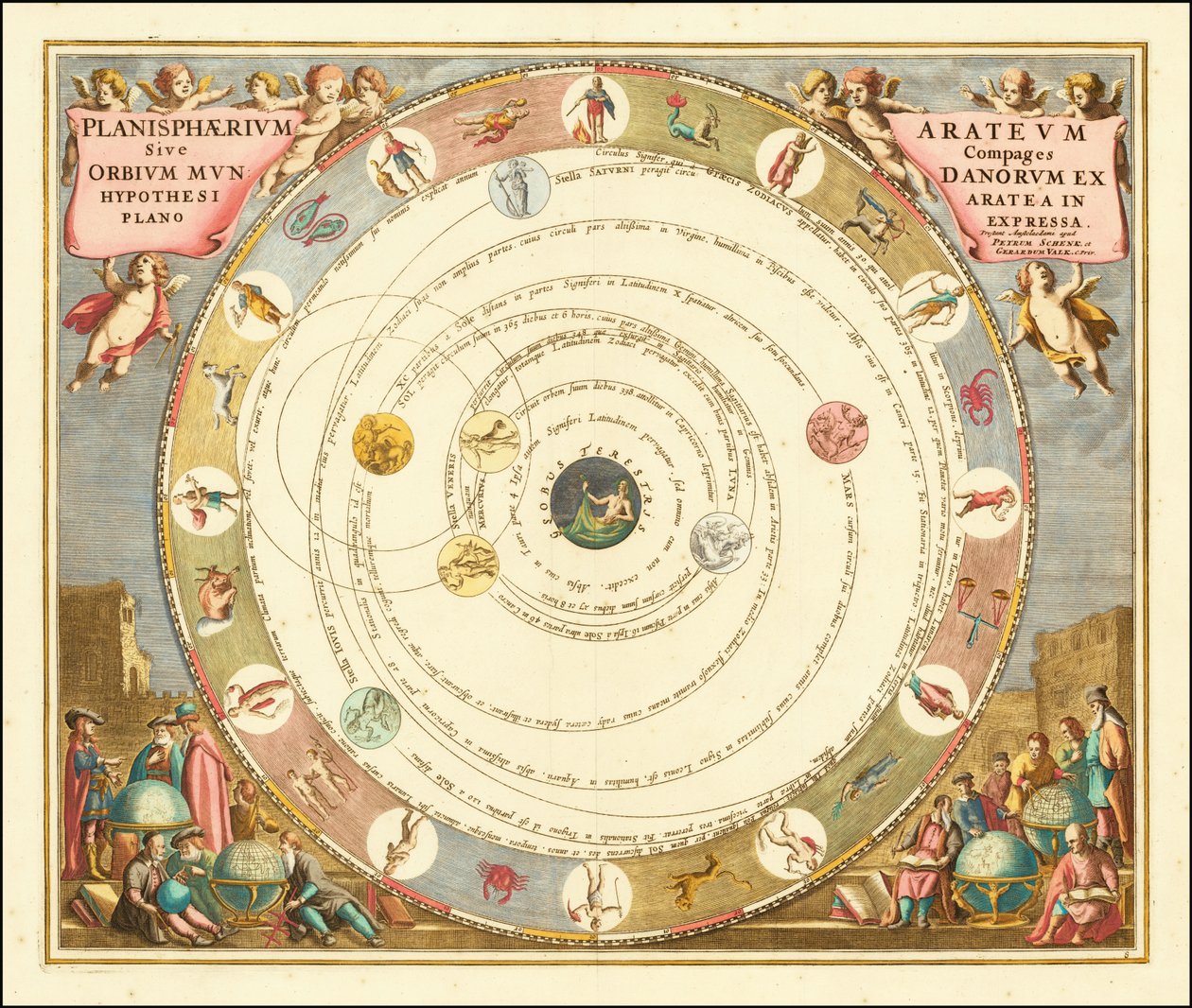 1660 Diagramm, das das Modell des Universums des griechischen Astronomen Aratus illustriert von Andreas Cellarius