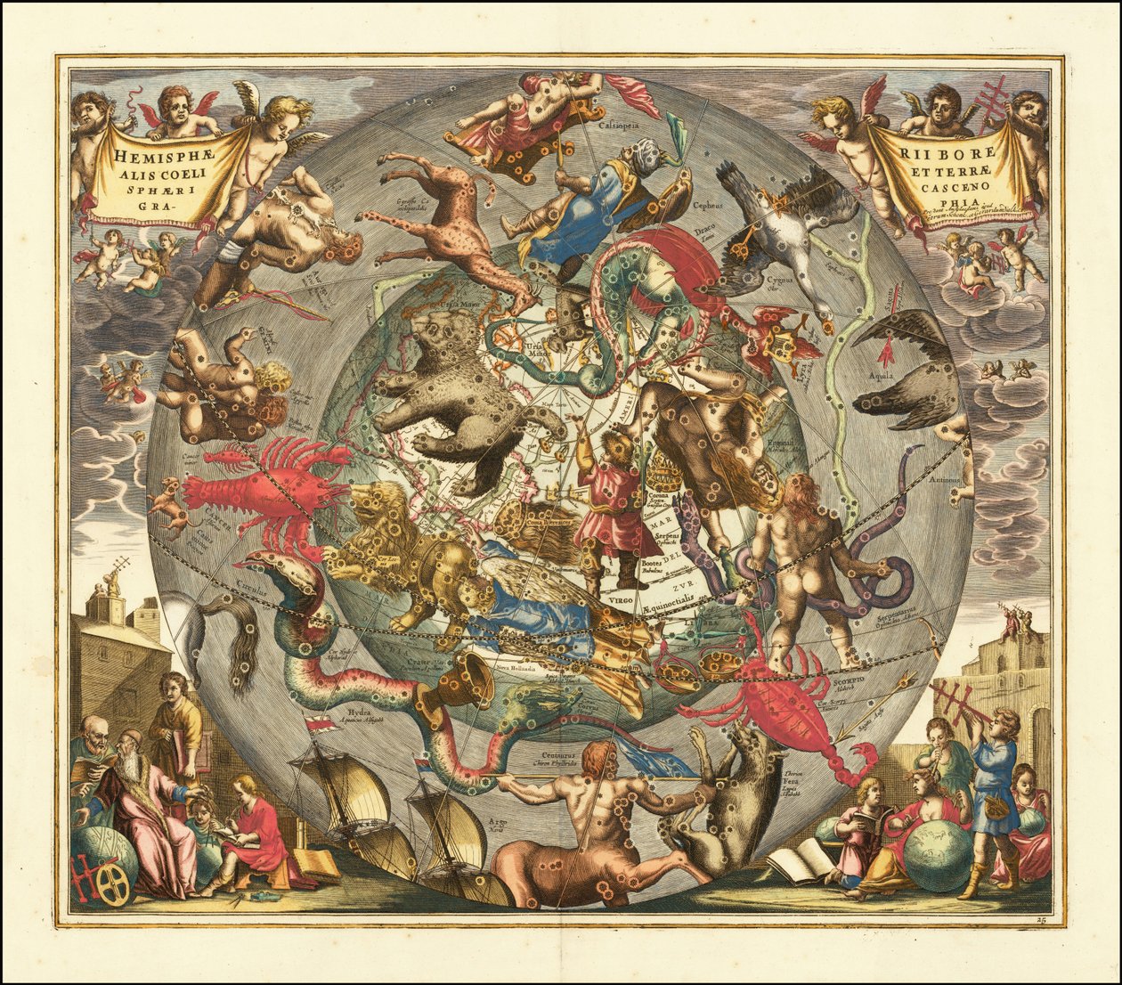1708 Himmelskarte - Haemisphaerii Borealis Coeli et Terrae Sphaeri Cascenographia von Andreas Cellarius