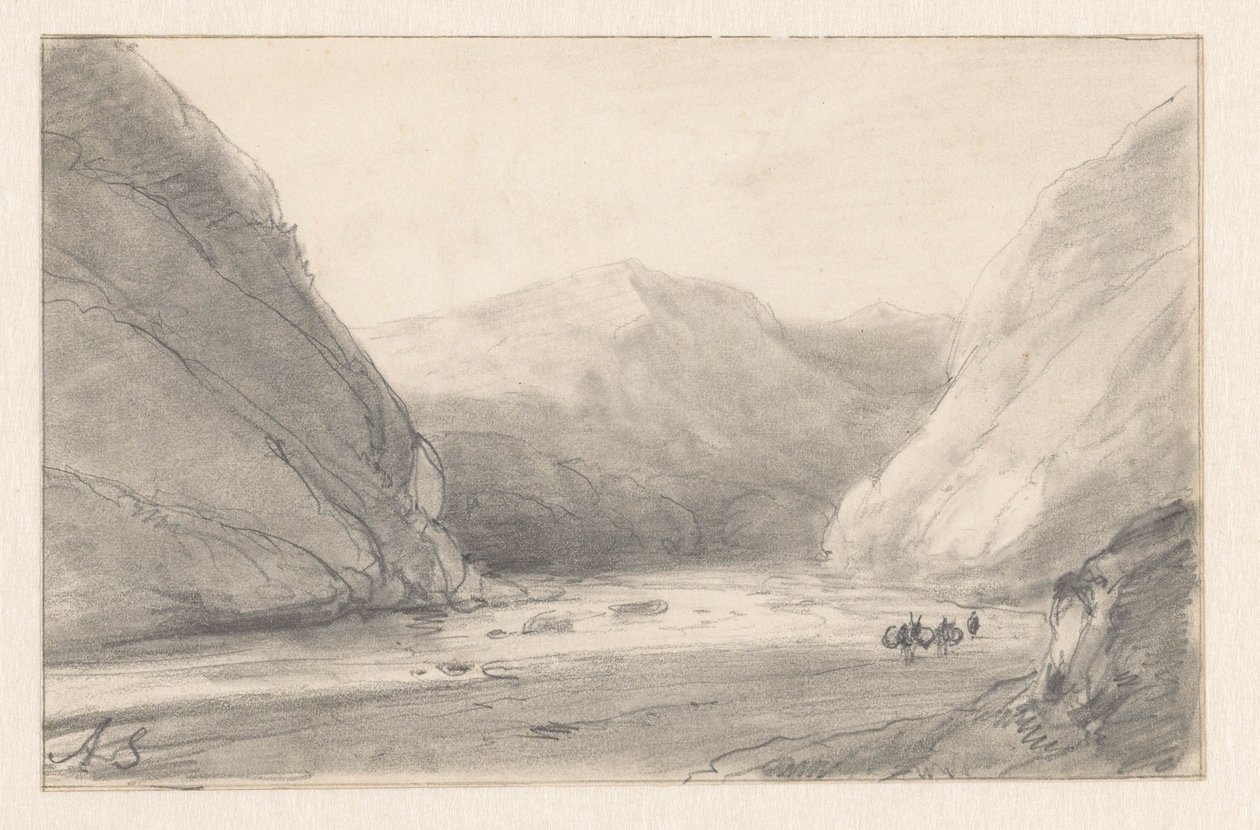 Berglandschaft mit Fluss und einer Figur mit zwei beladenen Eseln von Andreas Schelfhout
