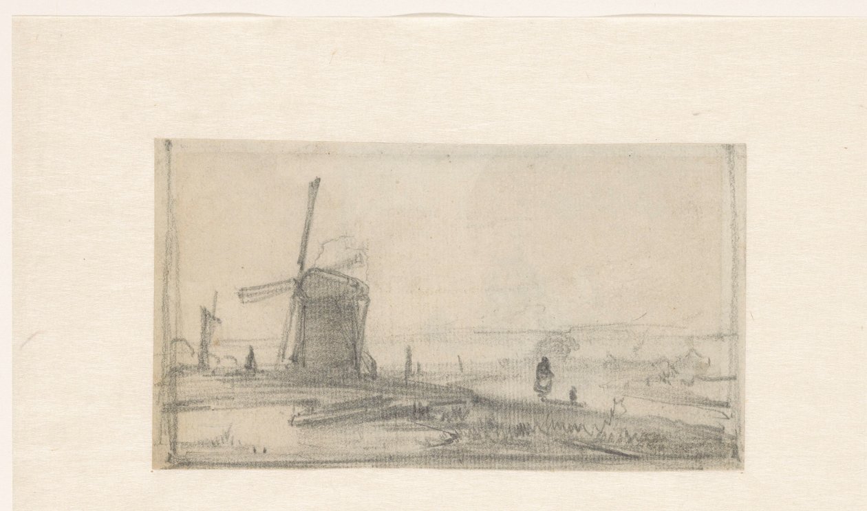 Skizze einer Landschaft mit einer Mühle links von Andreas Schelfhout
