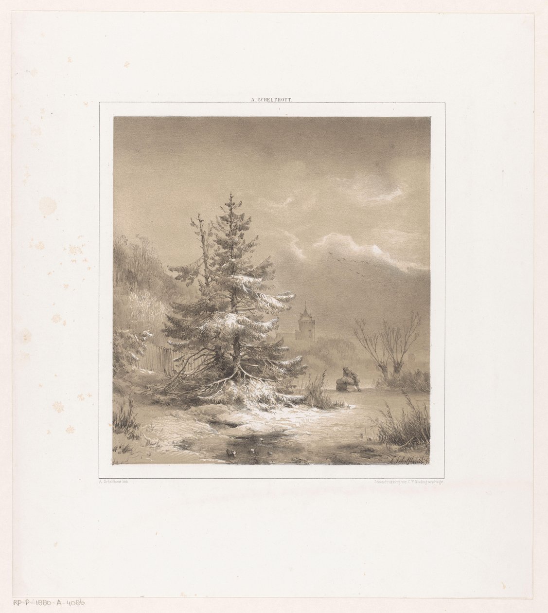 Winterlandschaft mit Nadelbäumen und Mann mit Schlitten von Andreas Schelfhout