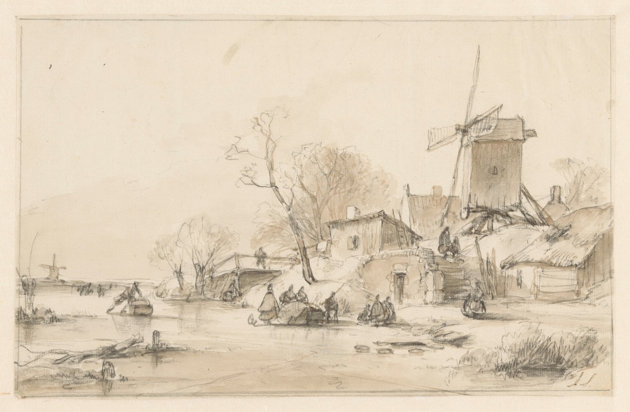 Winterlandschaft mit rechts einer Mühle und einigen Häuschen auf einem Deich von Andreas Schelfhout