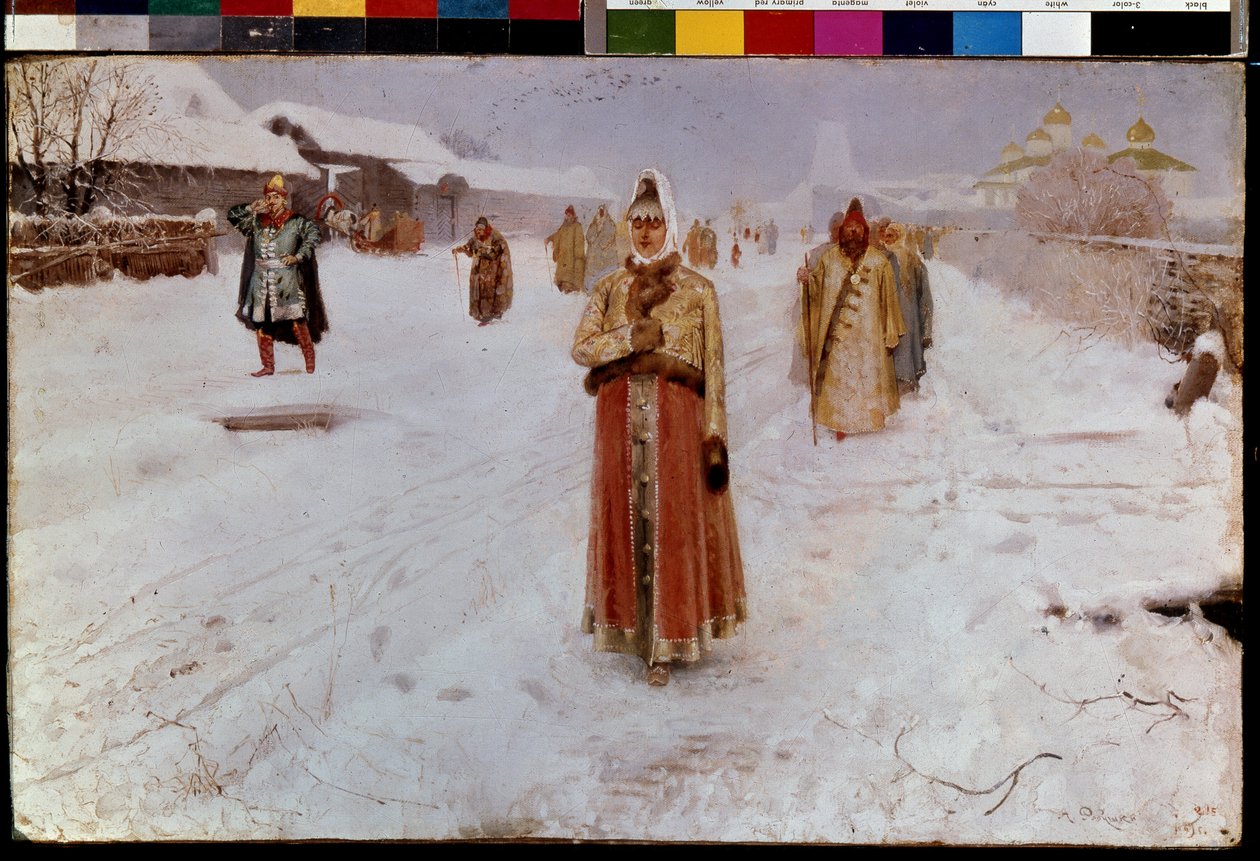 Sonntag. Im Winter, auf einer verschneiten Straße im Großfürstentum Moskau, zur Zeit der Wirren (16.-17. Jahrhundert) des alten Russlands, kehren Bojaren, Männer und Frauen, in traditionellen Kostümen von der Kirche zurück. Gemälde von Andre von Andrei Petrovich Ryabushkin
