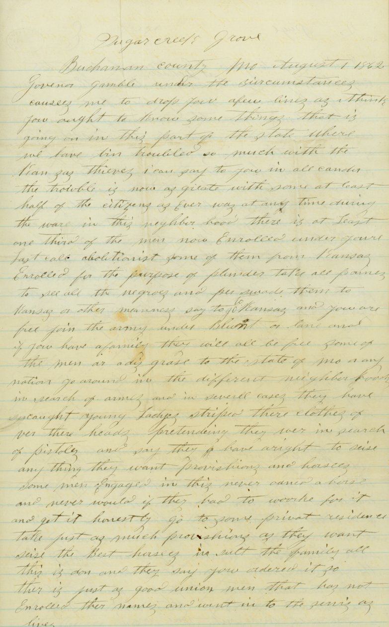 Brief unterzeichnet von Andrew Brownlow, Buchanan County, Mo., an Gouverneur Gamble [Hamilton R. Gamble], 1. August 1862 von Andrew Brownlow