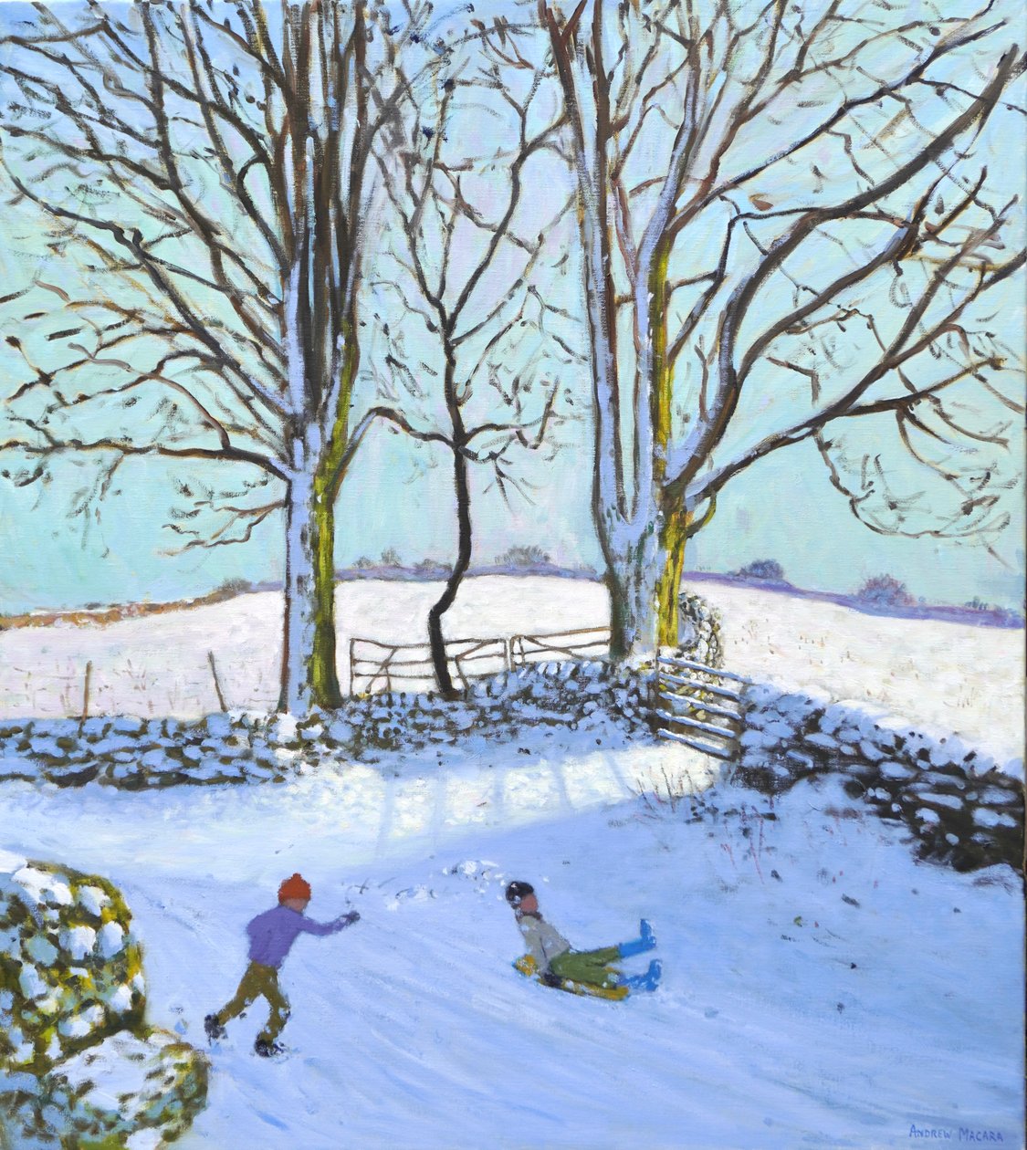 Große Bäume und Schlittenfahrer, Derbyshire, 2023 von Andrew Macara