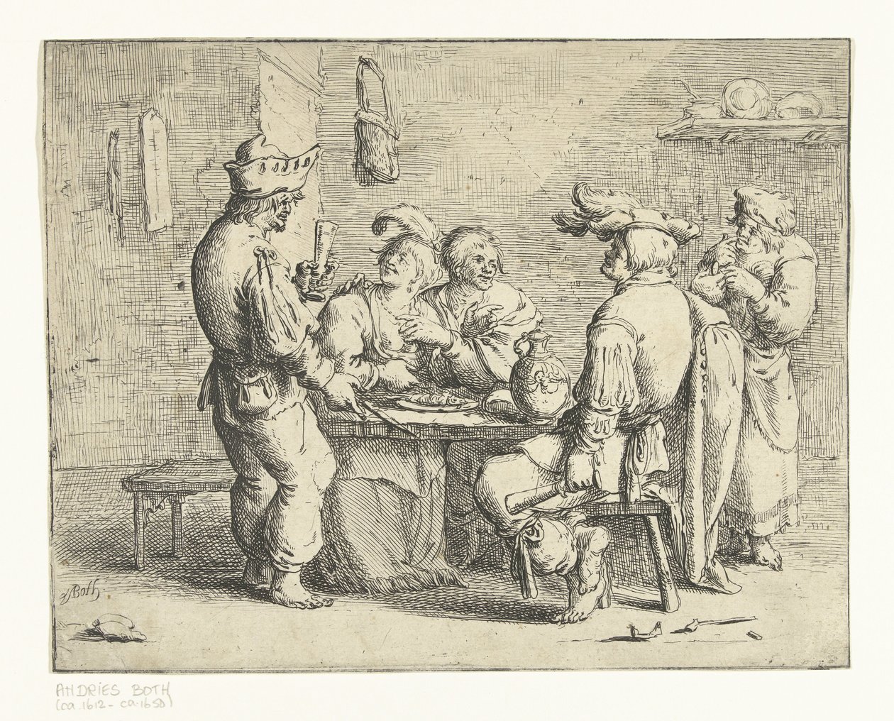 Drei Bauern und eine Frau an einem Tisch in einem Bordell von Andries Both