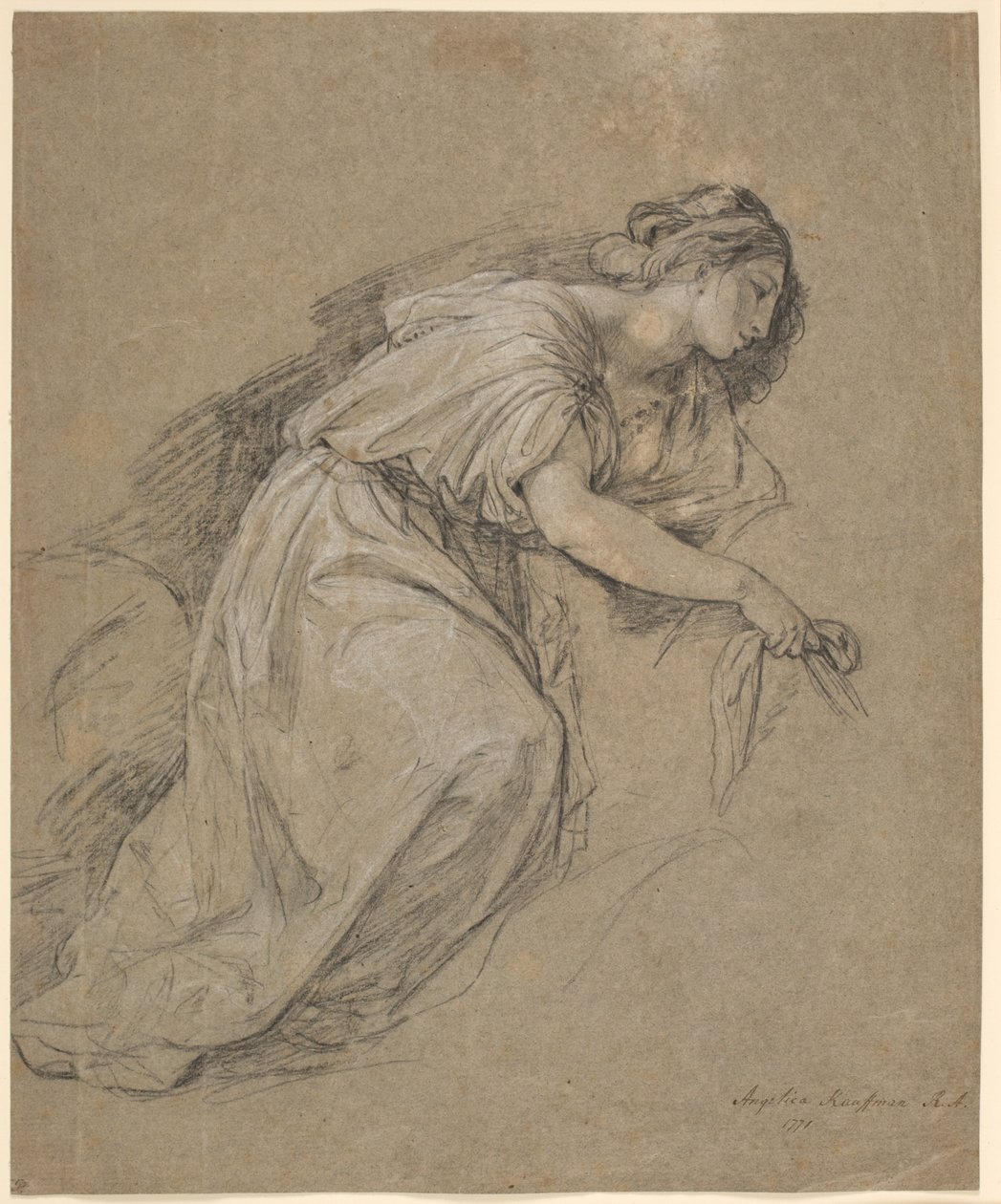 Studie nach dem Leben einer knienden Frau im Profil von Angelica Kauffmann