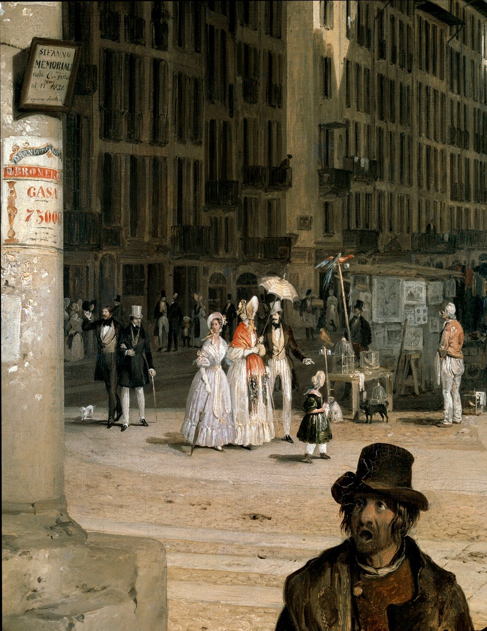 Marche de Figini in Mailand (Piazza del Duomo mit einer Ecke des Coperto dei Figini) (Detail) - Gemälde von Angelo Inganni (1807-1880) von Angelo Inganni