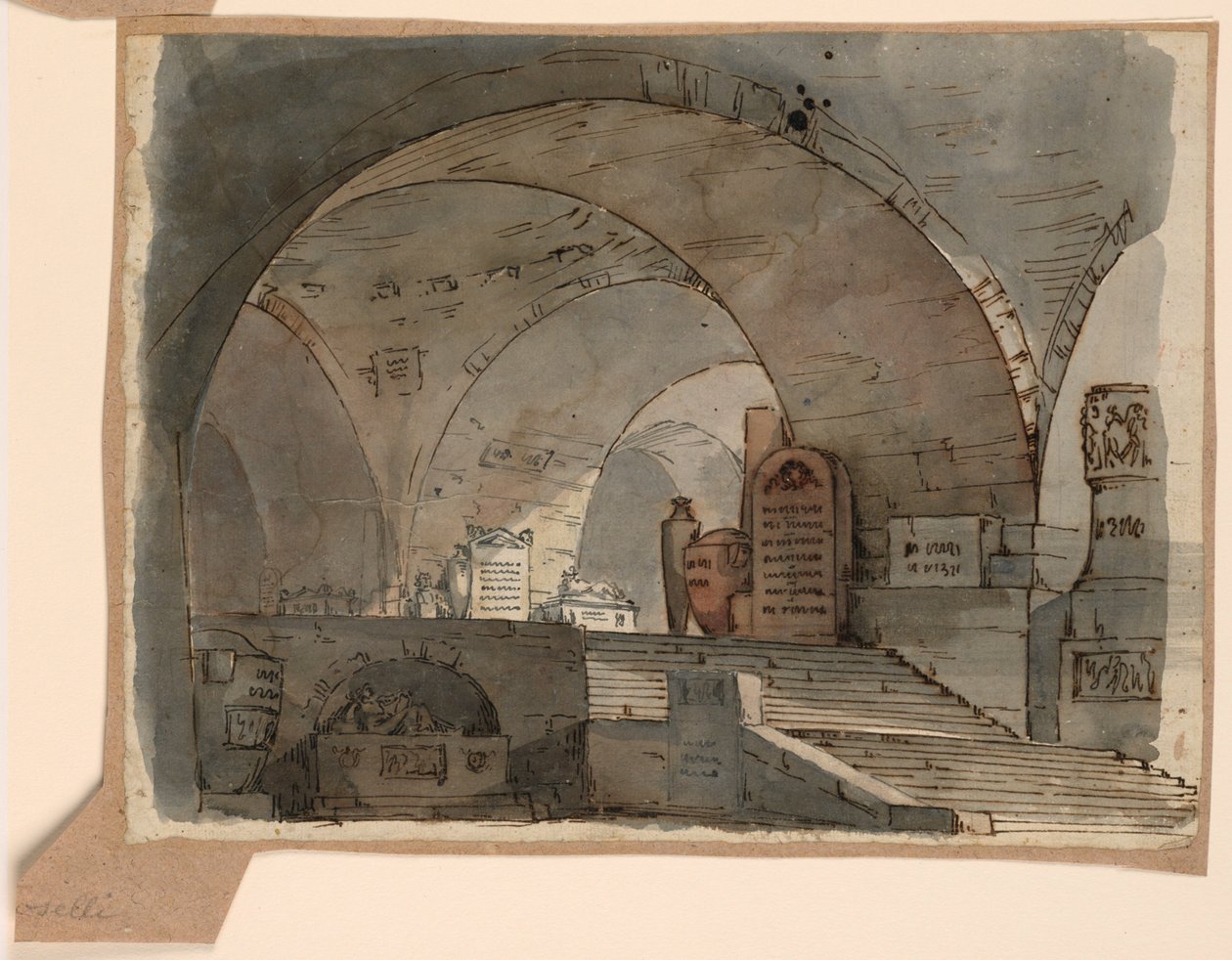 Bühnenbild, unterirdischer gewölbter Raum mit Gräbern von Angelo Toselli