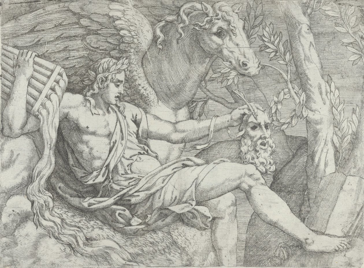 Apollo mit Pfeifen in der rechten Hand, begleitet von Pegasus von Angiolo Falconetto