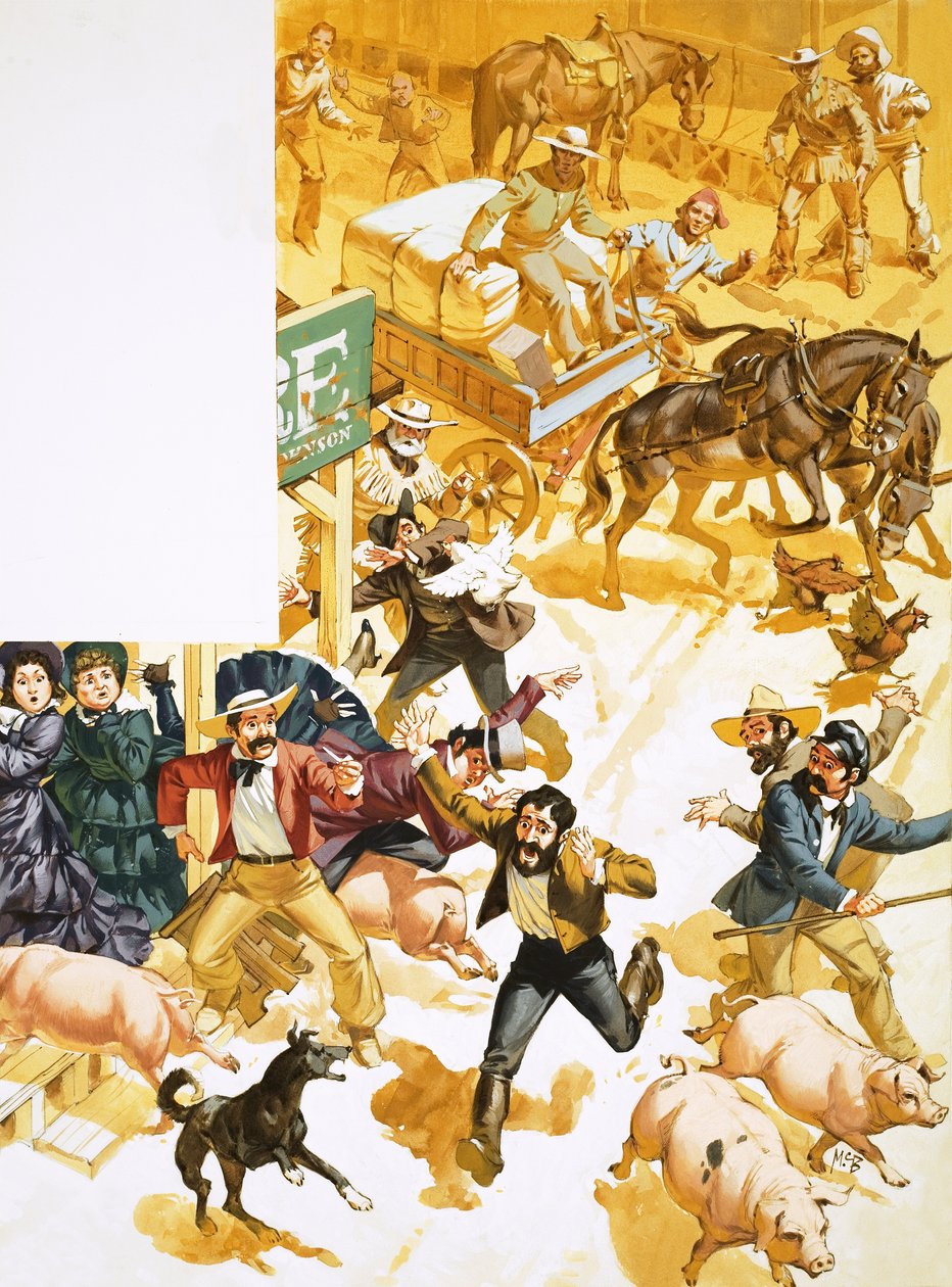 Ein Mann rennt durch die Straßen von San Francisco und verkündet die Entdeckung von Gold von Angus McBride