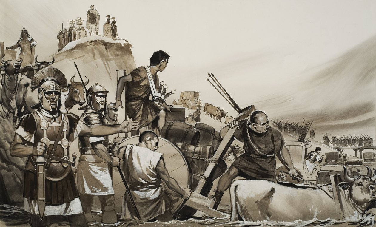 Julius Caesar führte seine Soldaten über den kleinen Fluss Rubikon und marschierte auf Rom von Angus McBride
