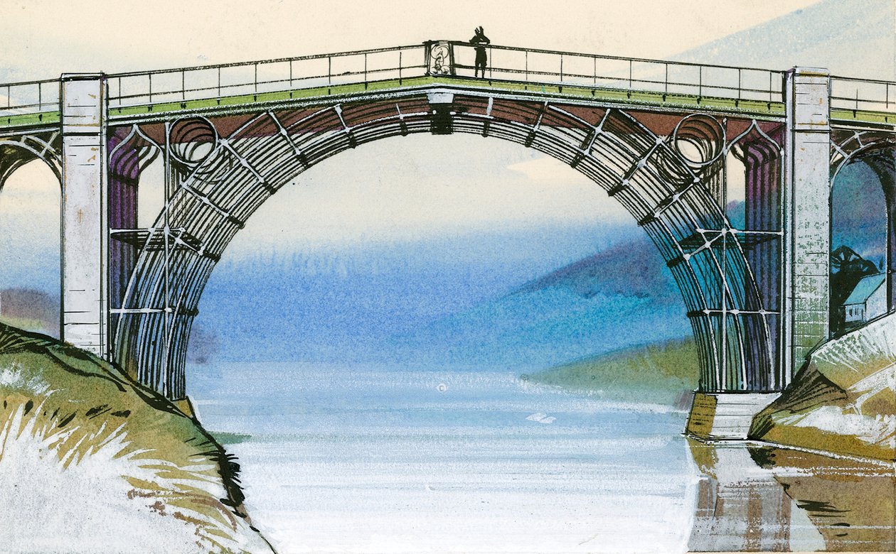 Die erste Eisenbrücke in Großbritannien, in der Ironbridge-Schlucht von Angus McBride