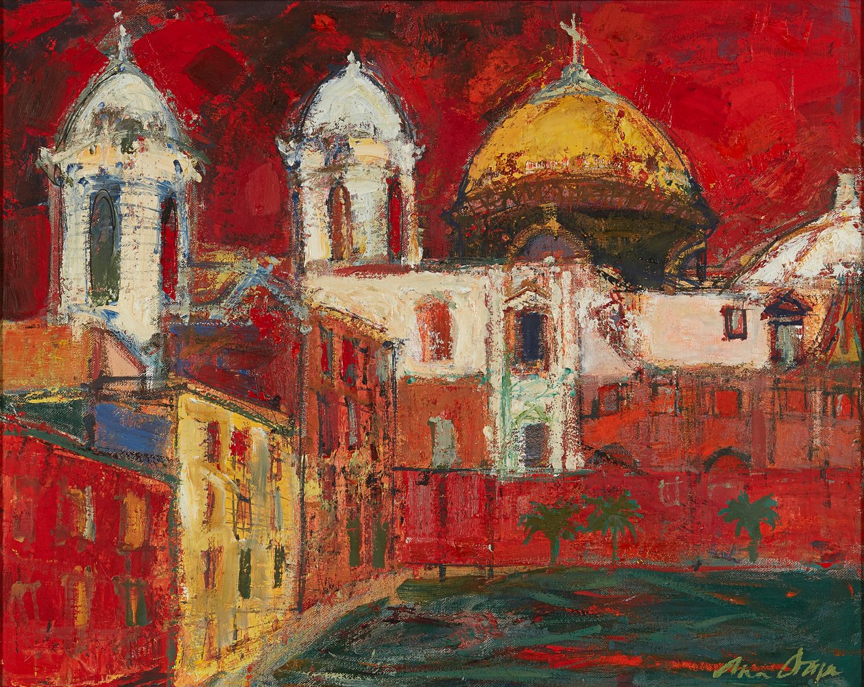 Kathedrale von Cadiz und Gebäude, roter Himmel von Ann Oram