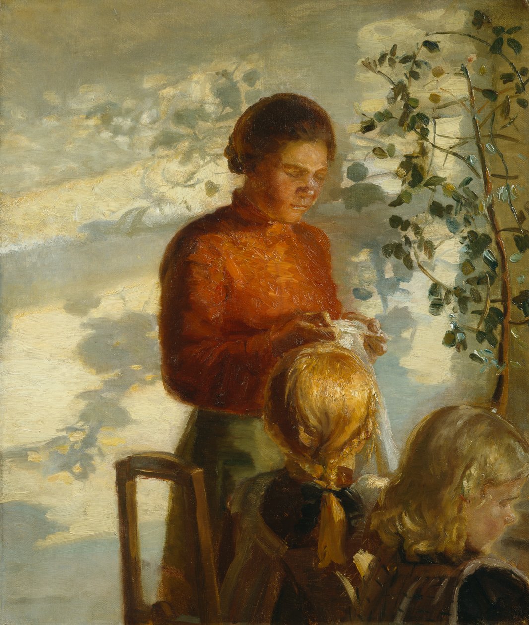 Kleinen Mädchen das Nähen beibringen, ca. 1910 (Gemälde) von Anna Kirstine Ancher