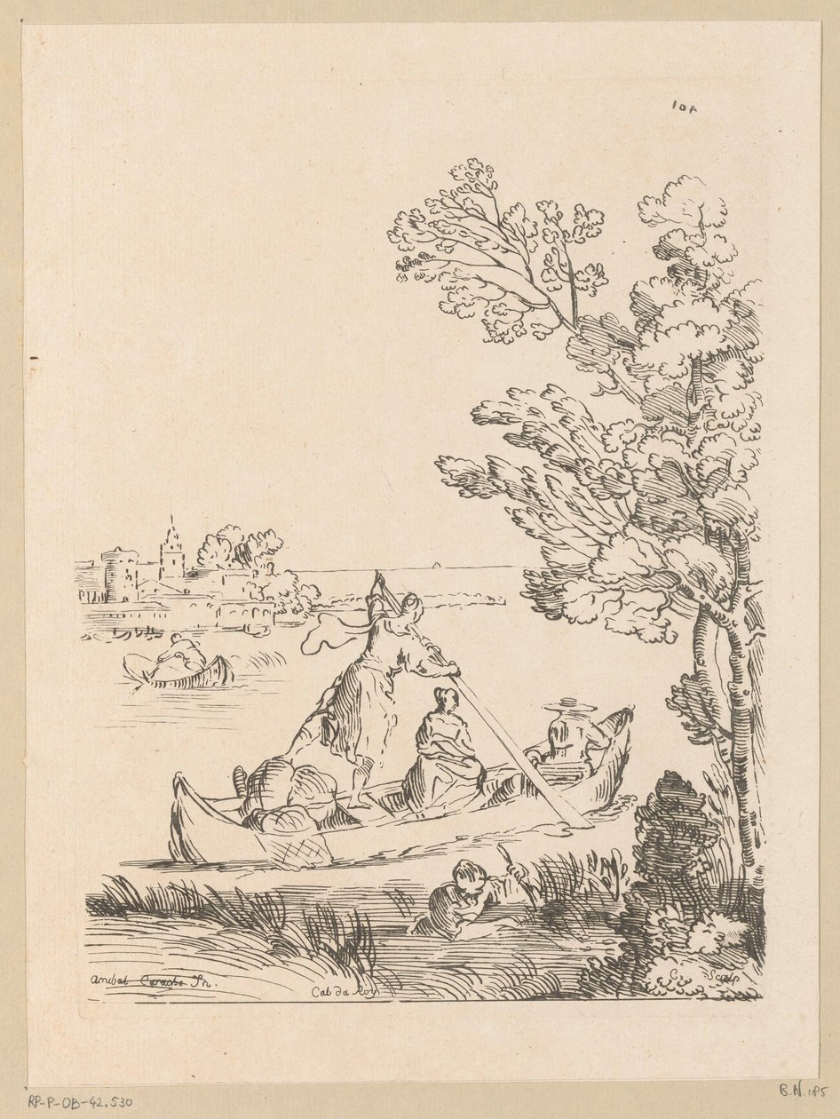 Flusslandschaft mit einem von einer Frau geruderten Boot (Serie: Cabinet du Roy) von Anne Claude Philippe Caylus