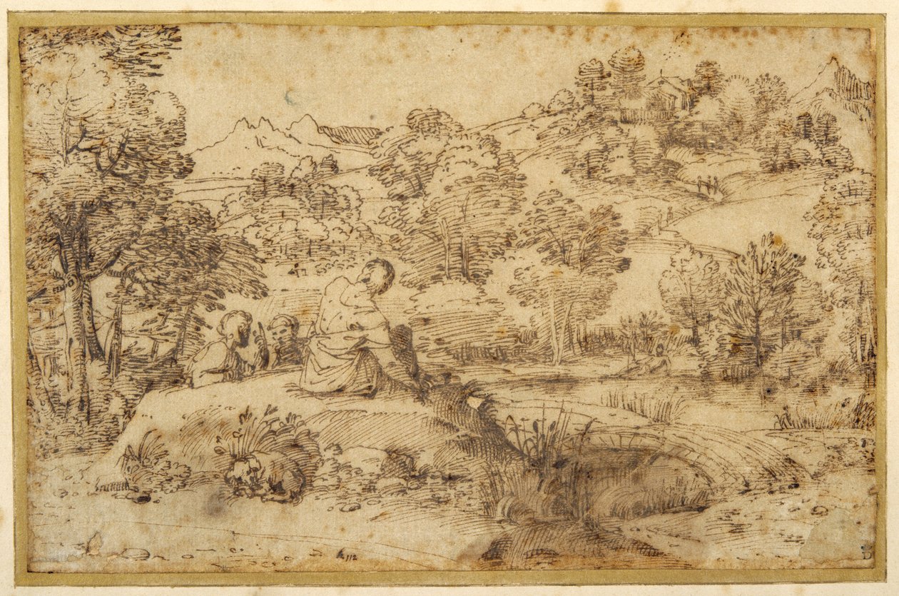Landschaft, im Vordergrund drei Männer, die sich ausruhen, und ein schlafender Hund an einem Bach von Annibale (follower of) Carracci