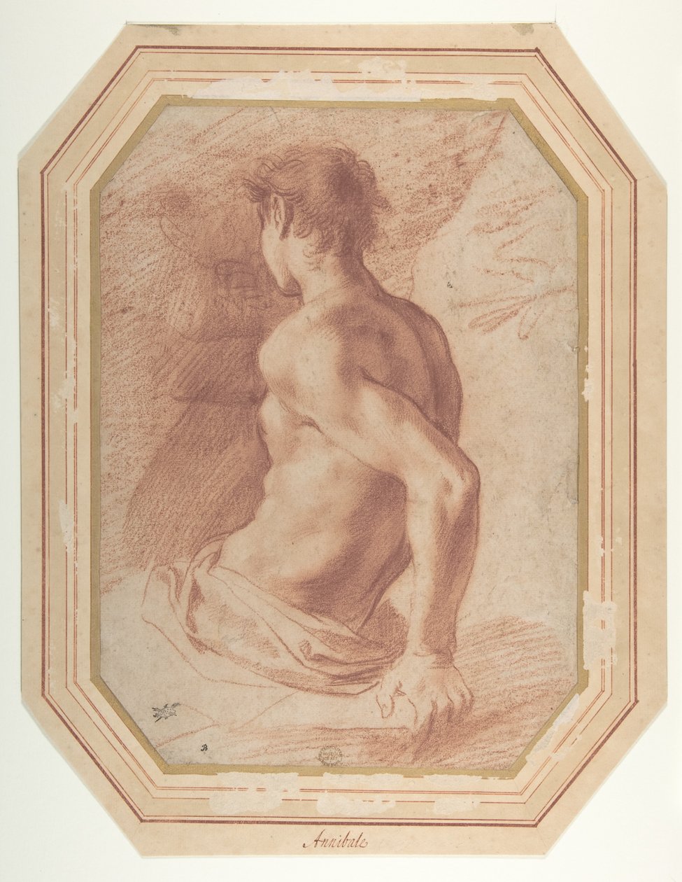 Rückenansicht eines sitzenden, nach links gewandten nackten Jünglings von Annibale Carracci