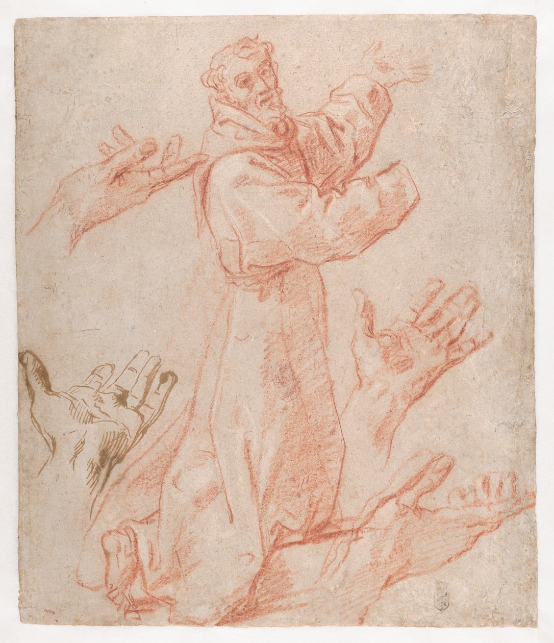 Studien für eine Figur des knienden Heiligen Franziskus in Dreiviertelansicht und für seine Hände (recto), 1583–85 von Annibale Carracci