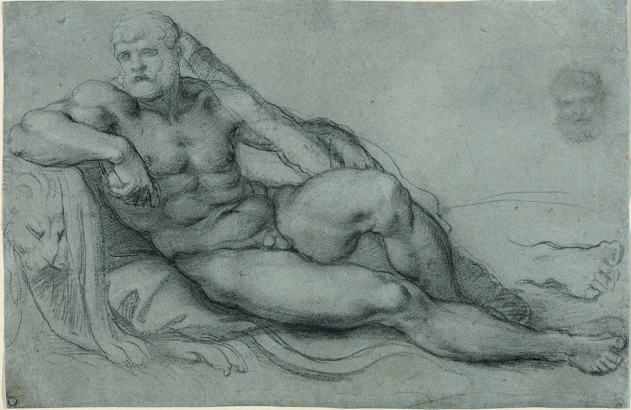 Studie von Herkules im Ruhen, mit separaten Studien seines Kopfes und Fußes (recto); Rechteckiges Gitterdesign (verso) von Annibale Carracci