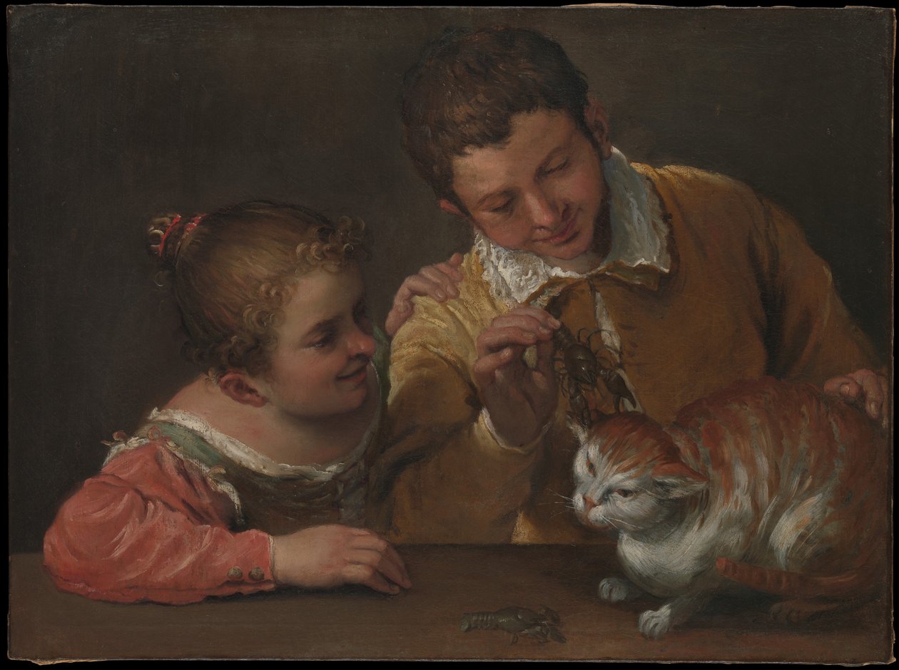 Zwei Kinder, die eine Katze ärgern von Annibale Carracci
