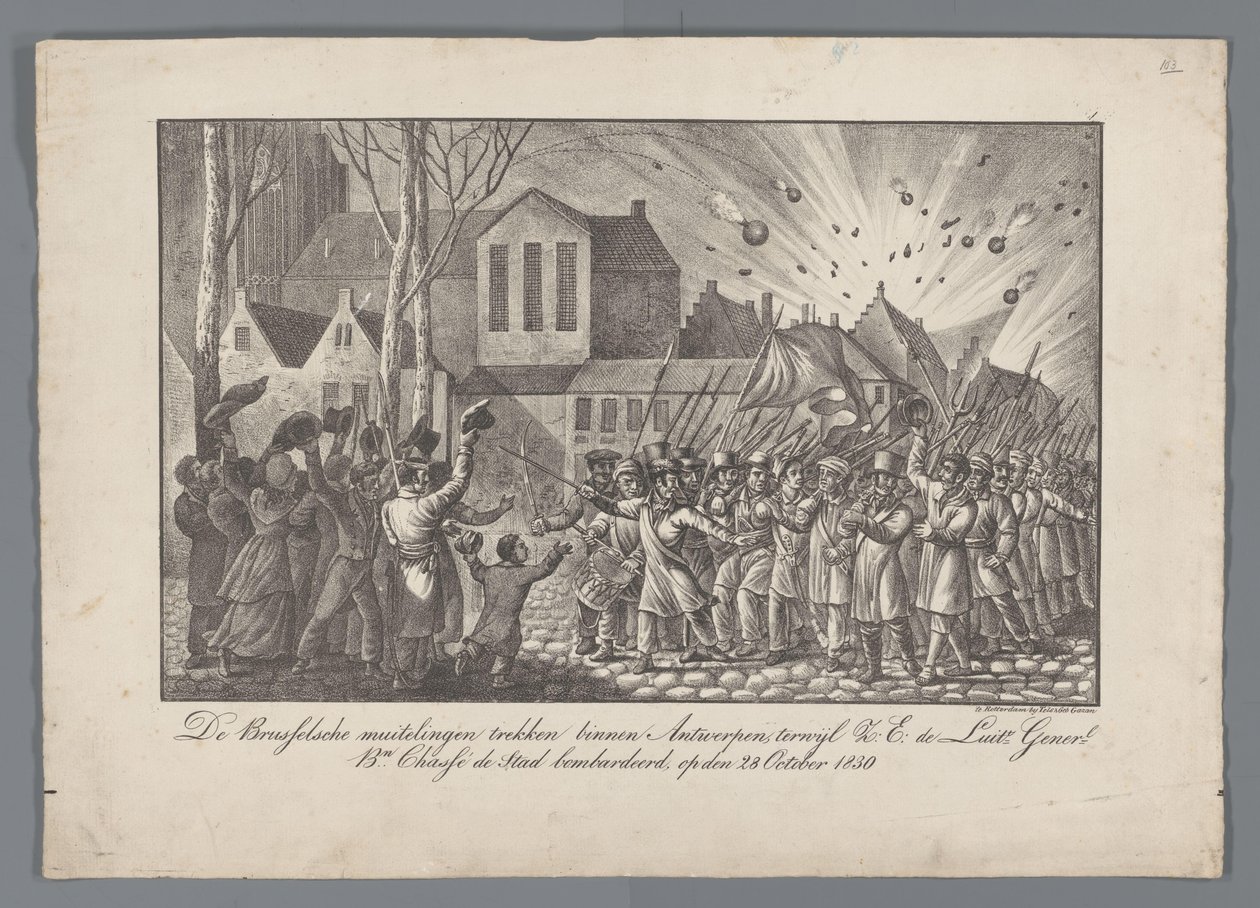 Die Brüsseler Aufständischen ziehen in Antwerpen ein, während S.E. der Generalleutnant Bn. Chassé die Stadt bombardiert, am 28. Oktober 1830 von Anonymous