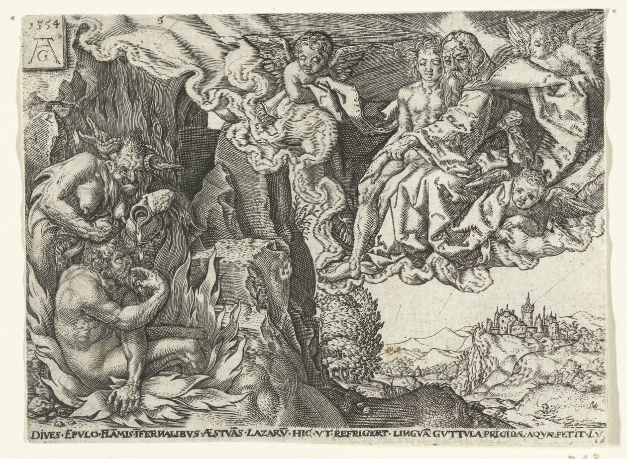 Der reiche Mann in der Hölle sieht Abraham mit Lazarus von Anonymous