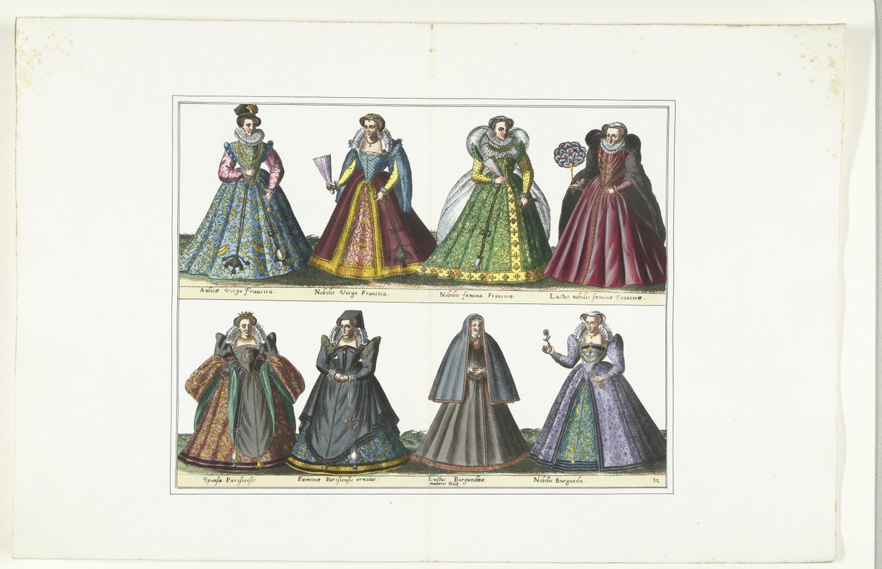 Doppelseite mit acht Frauen in französischer Mode, ca. 1580 von Anonymous