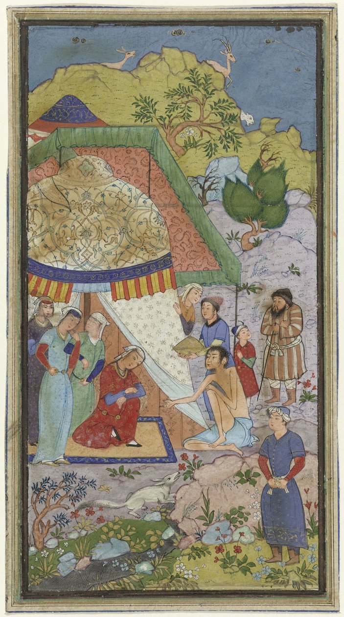 Episode aus der Liebesgeschichte von Laila und Majnun, Majnun im Gespräch mit Laila vor einem Zelt von Anonymous
