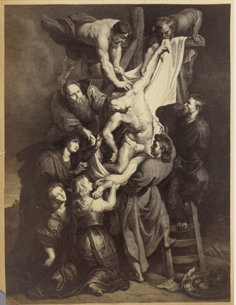 Fotoreproduktion eines Drucks nach dem Gemälde Kreuzabnahme von Peter Paul Rubens von Anonymous