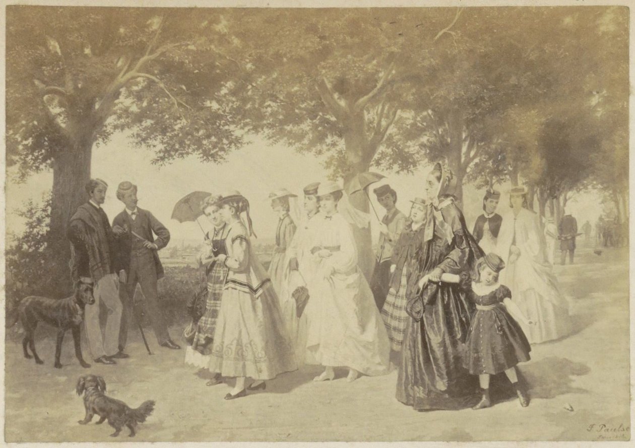 Fotoreproduktion eines Gemäldes von flanierenden Frauen und Männern in einem Park von Anonymous