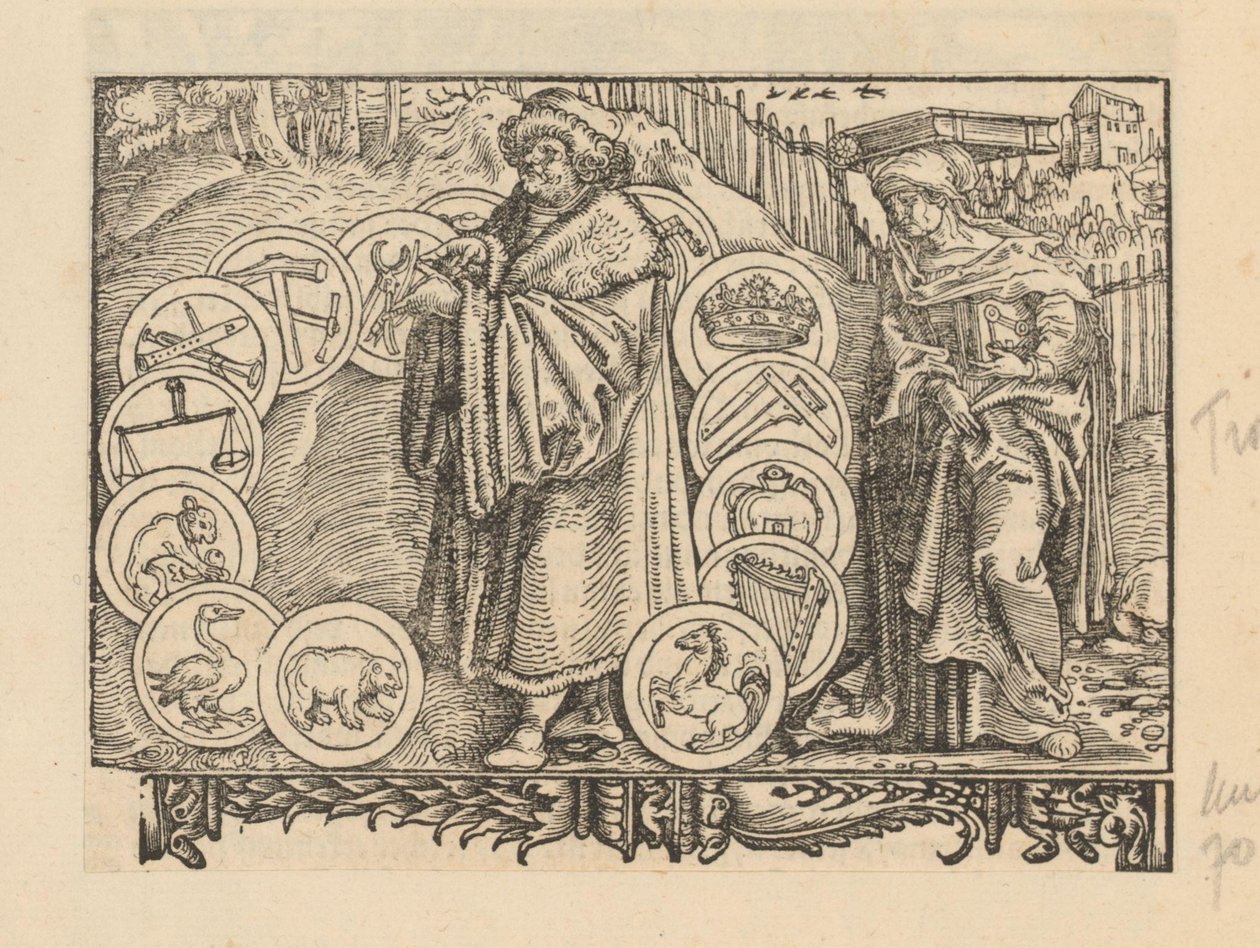 Gelehrter umgeben von Emblemen mit Heraldik und der Personifikation der Weisheit von Anonymous