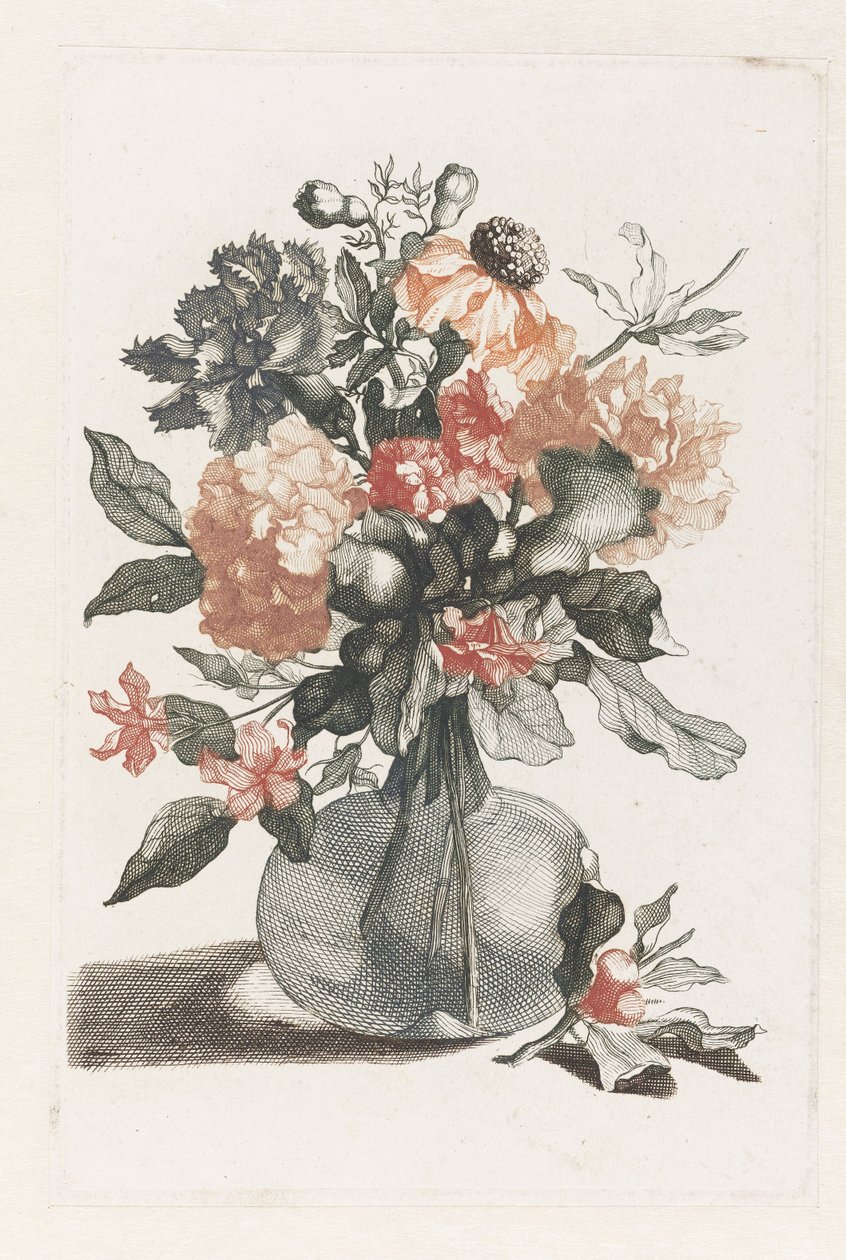 Glasvase mit Blumen und ein Zweig mit Blume vor der Vase von Anonymous