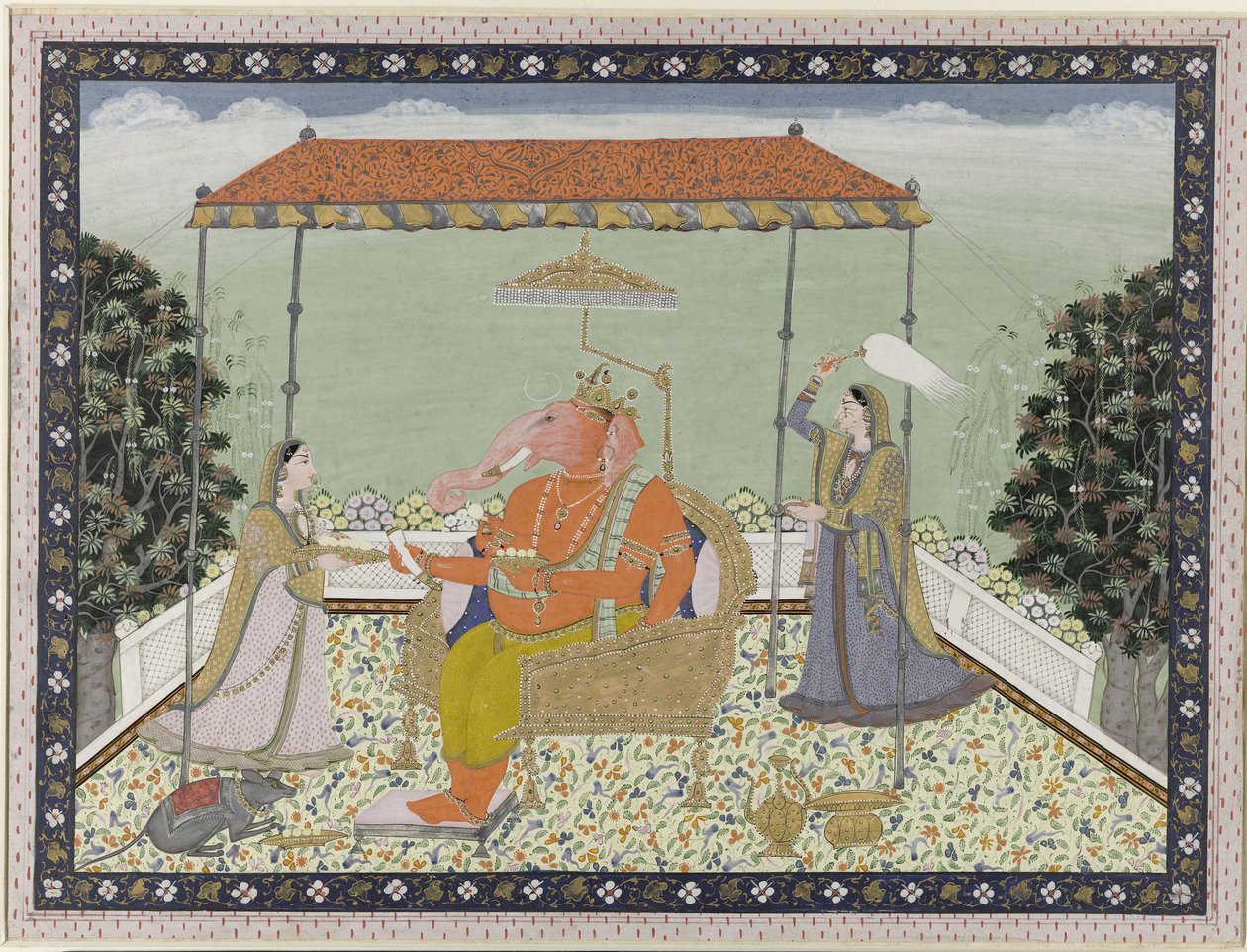 Gott Ganesa (Ganapati) mit Elefantenrüssel mit seinen zwei Dienerinnen Siddhi und Buddhi unter einem Baldachin sitzend von Anonymous