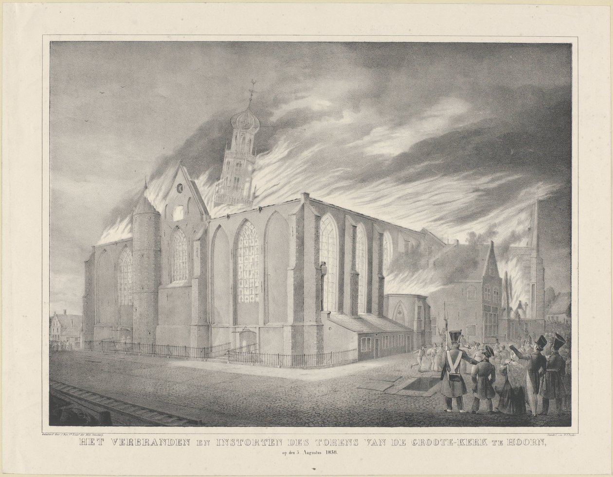 Das Verbrennen und Einstürzen des Turms der Großen Kirche in Hoorn, am 3. August 1838 von Anonymous