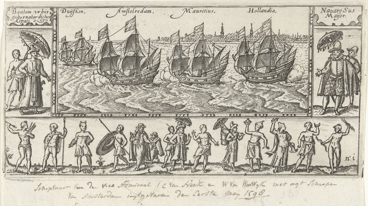Kopie nach dem ursprünglichen Titelblatt für Houtmans Journael vande reyse der Hollandtsche schepen ghedaen in Oost Indien, 1598 von Anonymous