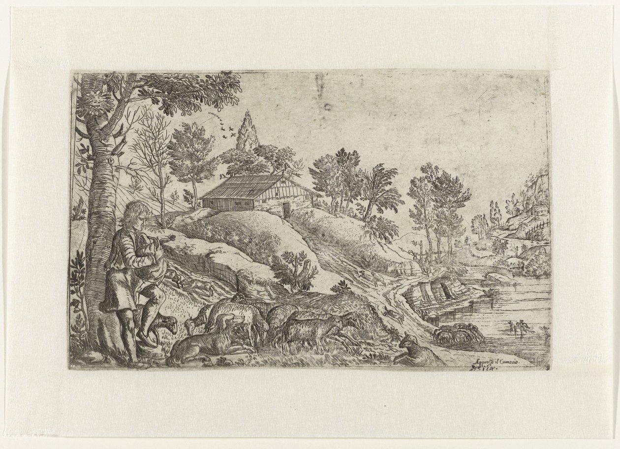Landschaft mit Dudelsack spielendem Hirten von Anonymous