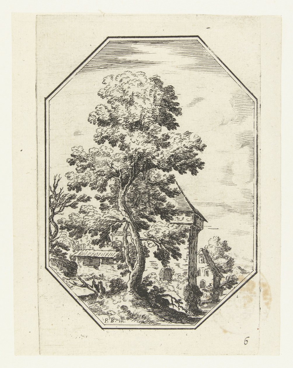 Landschaft mit großem Baum in achteckigem Rahmen (Oktogonale Landschaften) von Anonymous