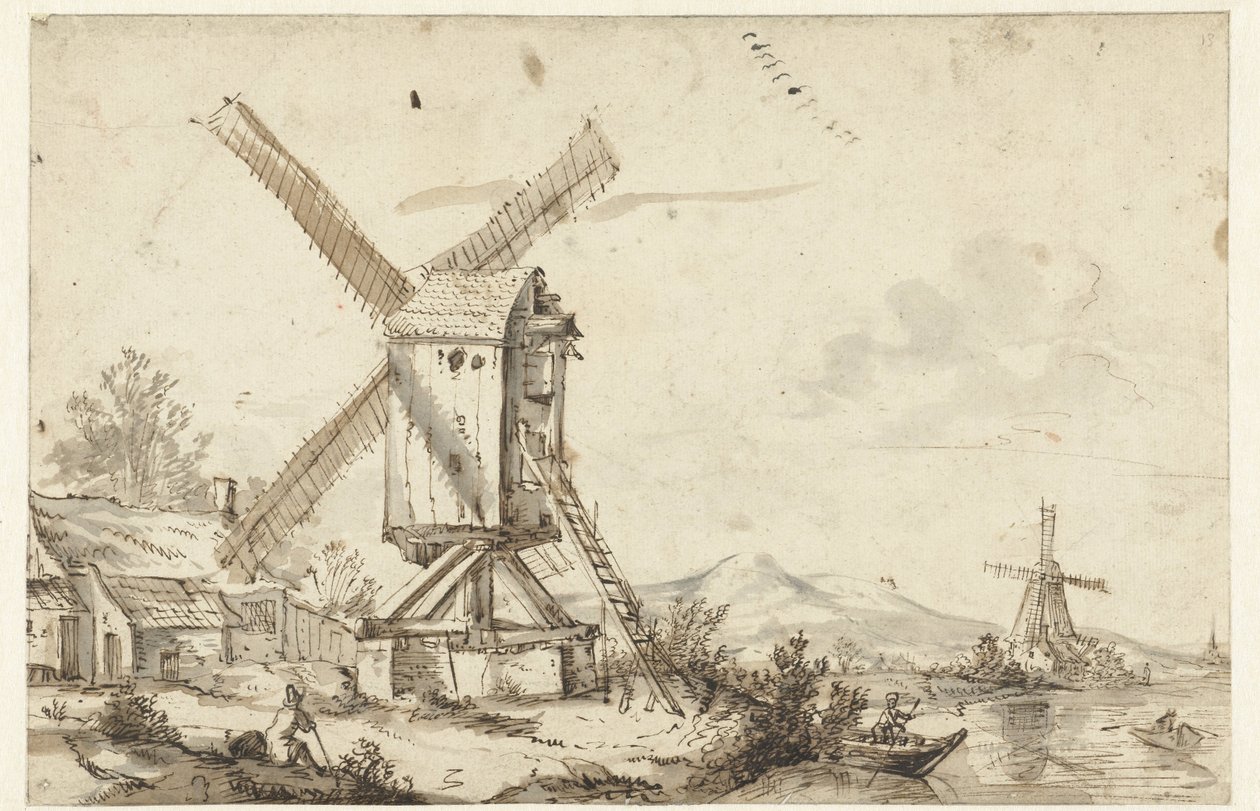 Landschaft mit zwei Windmühlen von Anonymous