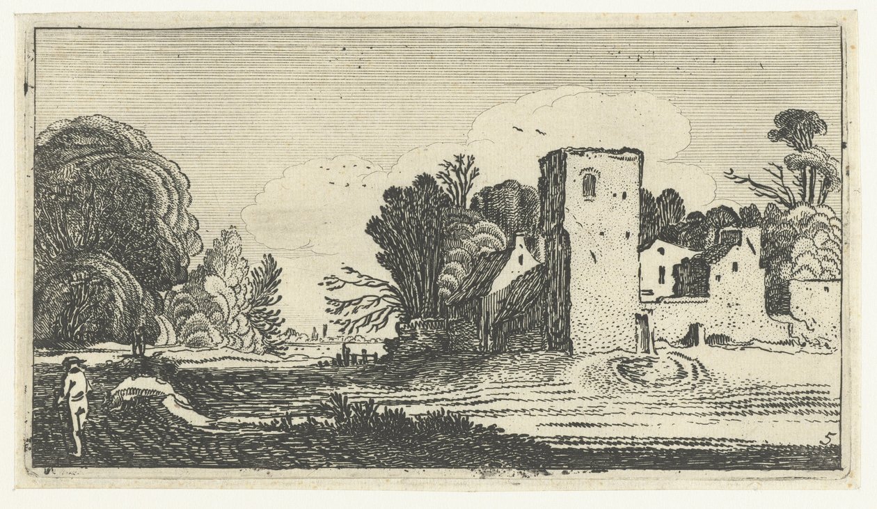 Landschaft mit quadratischem Turm bei Häusern von Anonymous