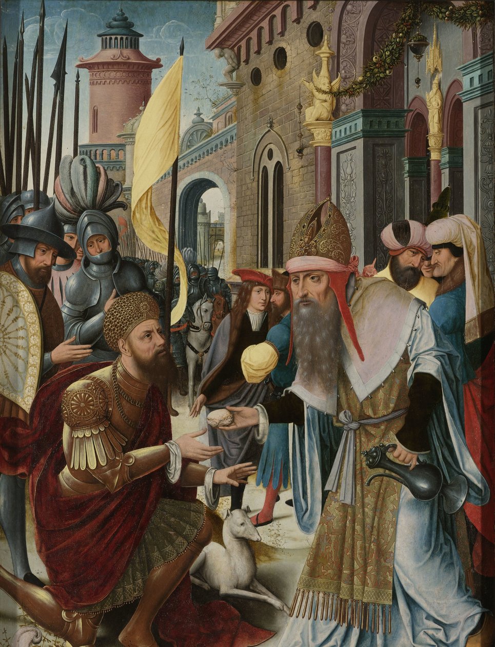 Begegnung von Abraham und Melchisedek (Innenseite, linker Flügel eines Triptychons) von Anonymous