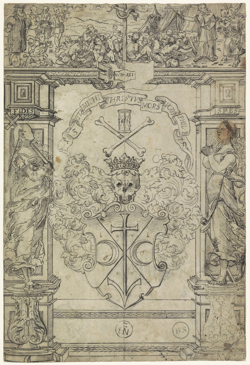 Entwurf für ein Glasfenster mit einem Wappen, den Figuren Fides und Spes, und Moses und der ehernen Schlange von Anonymous